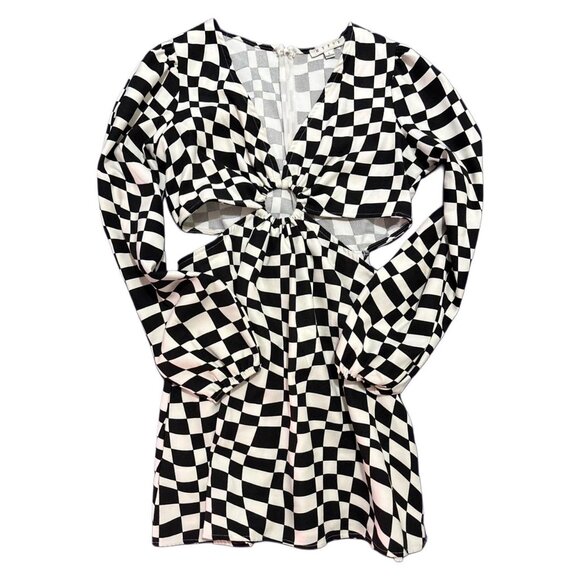 Discovery Black & White Checkerboard Dress with Bell Sleeves and Keyhole Front - Picture 1 of 3